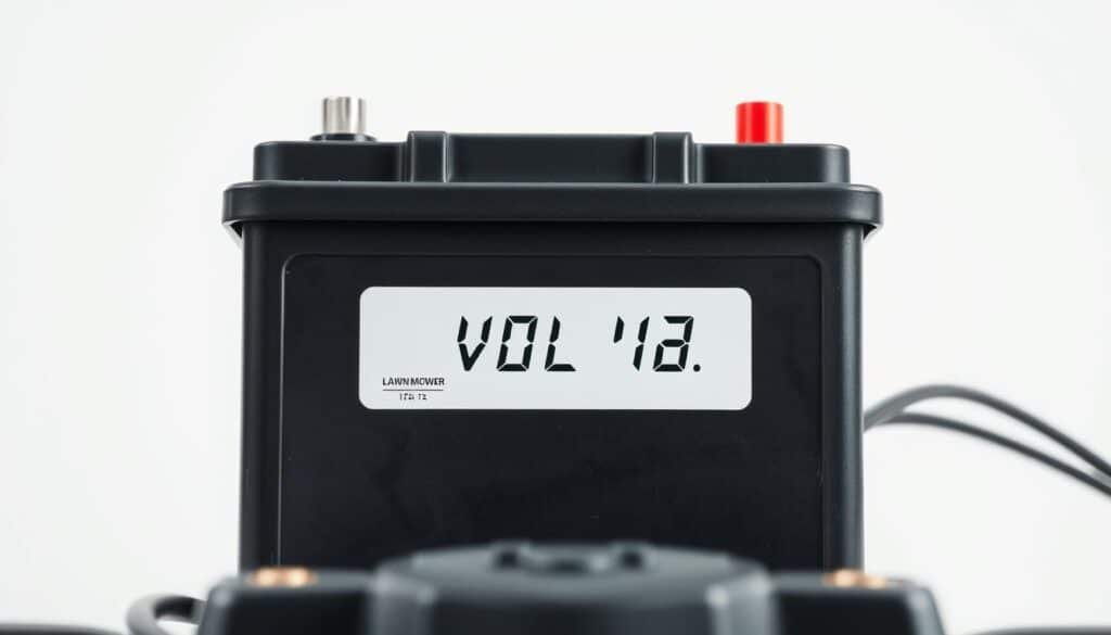 A close-up view of a lawn mower battery, its terminals and volt meter display. The battery is positioned against a clean, well-lit background, allowing the voltage reading to be clearly visible. The image has a crisp, technical focus, highlighting the details of the battery and the electronic display. The lighting is natural and even, without harsh shadows, creating a professional, informative atmosphere. The angle is slightly elevated to provide a clear, unobstructed view of the battery and its essential information. A close-up view of a lawn mower battery, its terminals and volt meter display. The battery is positioned against a clean, well-lit background, allowing the voltage reading to be clearly visible. The image has a crisp, technical focus, highlighting the details of the battery and the electronic display. The lighting is natural and even, without harsh shadows, creating a professional, informative atmosphere. The angle is slightly elevated to provide a clear, unobstructed view of the battery and its essential information.