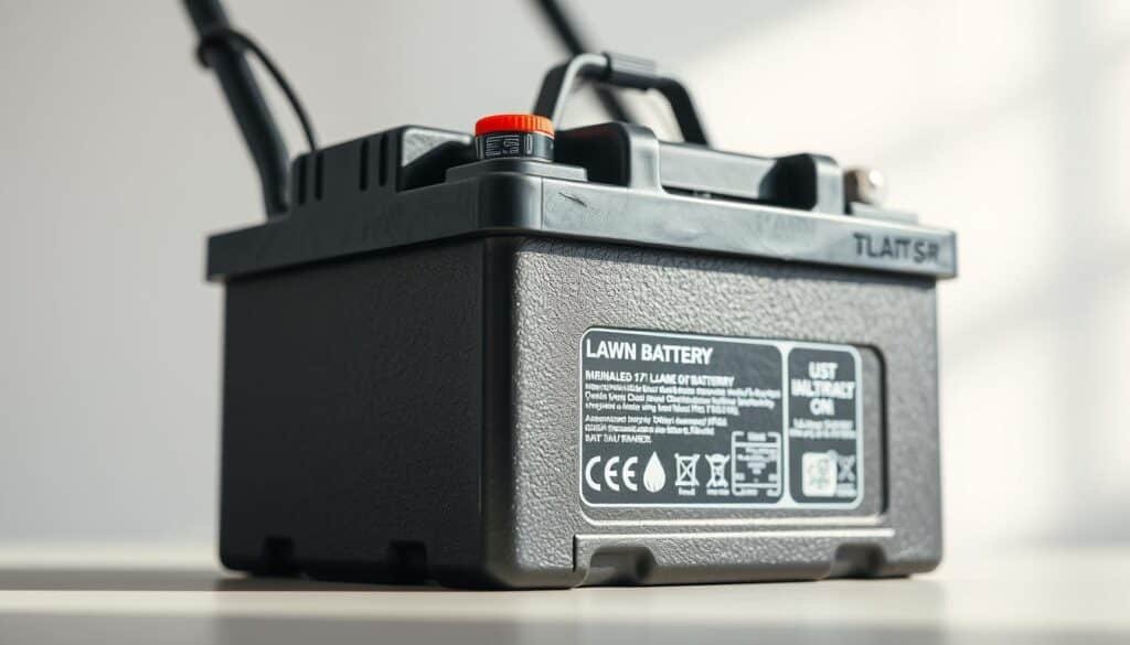 A close-up view of a lawn mower battery, meticulously captured in high-resolution photography. The battery is prominently displayed against a clean, neutral background, allowing its intricate details and voltage indicators to be the focal point. Soft, diffused lighting from the side creates subtle shadows and highlights the battery's textured surface, emphasizing its rugged construction. The image is composed with a shallow depth of field, keeping the battery in sharp focus while gently blurring the background, directing the viewer's attention to the critical information displayed on the battery terminals and casing. A close-up view of a lawn mower battery, meticulously captured in high-resolution photography. The battery is prominently displayed against a clean, neutral background, allowing its intricate details and voltage indicators to be the focal point. Soft, diffused lighting from the side creates subtle shadows and highlights the battery's textured surface, emphasizing its rugged construction. The image is composed with a shallow depth of field, keeping the battery in sharp focus while gently blurring the background, directing the viewer's attention to the critical information displayed on the battery terminals and casing.