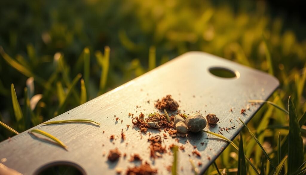 A close-up view of a lawn mower blade, illuminated by a warm, directional light. In the foreground, the blade's sharp edge is prominently displayed, while the middle ground showcases various factors that contribute to its dulling - grass clippings, soil particles, and small rocks. The background subtly depicts a grassy, natural environment, hinting at the blade's purpose and the conditions it operates in. The image conveys a sense of technical examination, highlighting the importance of understanding the nuances that lead to blade degradation over time. A close-up view of a lawn mower blade, illuminated by a warm, directional light. In the foreground, the blade's sharp edge is prominently displayed, while the middle ground showcases various factors that contribute to its dulling - grass clippings, soil particles, and small rocks. The background subtly depicts a grassy, natural environment, hinting at the blade's purpose and the conditions it operates in. The image conveys a sense of technical examination, highlighting the importance of understanding the nuances that lead to blade degradation over time.