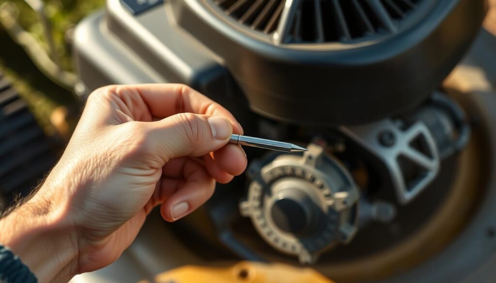 A close-up view of a person's hand holding a lawn mower's oil dipstick, with the engine visible in the background. The dipstick is being carefully inspected, with the person's expression showing concentration and attention to detail. The scene is lit by soft, natural lighting, creating a warm, informative atmosphere. The angle is slightly elevated, providing a clear view of the dipstick and the engine components. The background is blurred, keeping the focus on the crucial task of properly checking the lawn mower's oil level. A close-up view of a person's hand holding a lawn mower's oil dipstick, with the engine visible in the background. The dipstick is being carefully inspected, with the person's expression showing concentration and attention to detail. The scene is lit by soft, natural lighting, creating a warm, informative atmosphere. The angle is slightly elevated, providing a clear view of the dipstick and the engine components. The background is blurred, keeping the focus on the crucial task of properly checking the lawn mower's oil level.