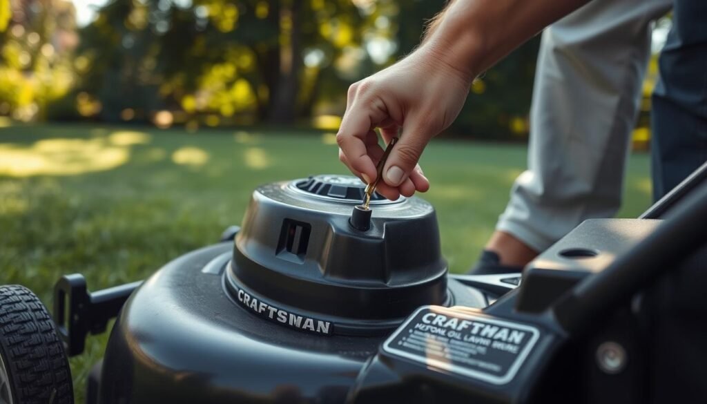 A close-up view of a person's hands checking the oil level on a Craftsman lawn mower. The mower is situated on a neatly trimmed lawn, with lush greenery and sunlight filtering through the leaves in the background. The hands are carefully removing the dipstick and inspecting the oil level, with a focused and attentive expression. The lighting is natural, slightly soft, and the angle is slightly elevated to capture the details of the task at hand. The overall mood is one of diligence and attention to maintenance, reflecting the importance of proper lawn mower care. A close-up view of a person's hands checking the oil level on a Craftsman lawn mower. The mower is situated on a neatly trimmed lawn, with lush greenery and sunlight filtering through the leaves in the background. The hands are carefully removing the dipstick and inspecting the oil level, with a focused and attentive expression. The lighting is natural, slightly soft, and the angle is slightly elevated to capture the details of the task at hand. The overall mood is one of diligence and attention to maintenance, reflecting the importance of proper lawn mower care.
