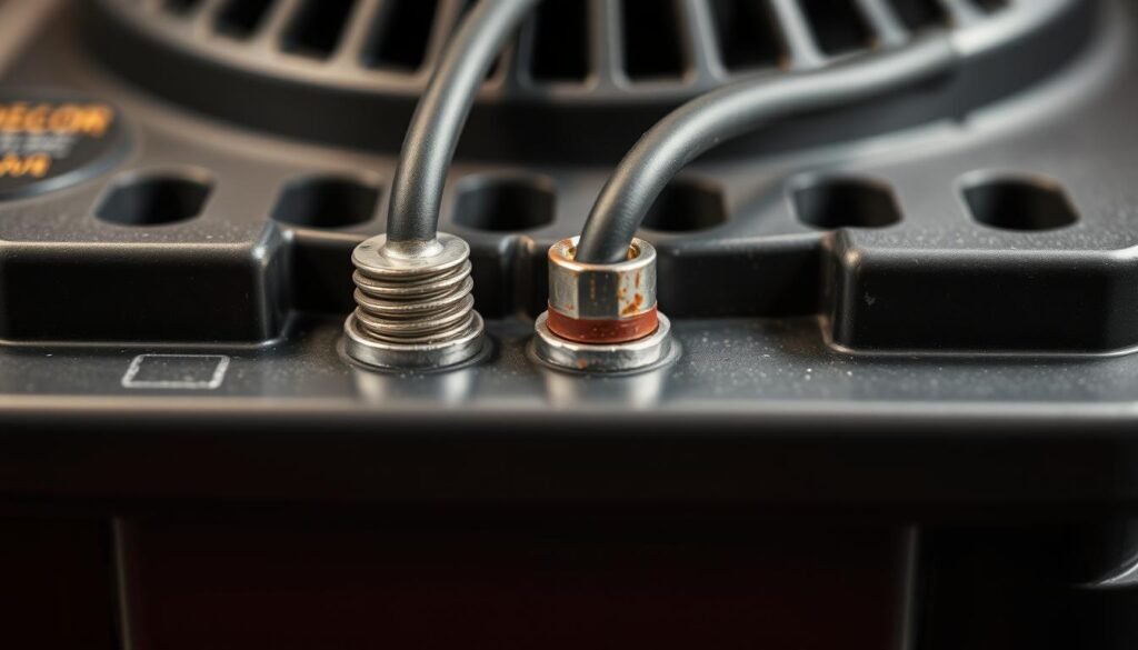 A close-up view of a safe lawn mower battery terminal connection, showcasing a well-maintained and secure setup. The terminals are clean and rust-free, with the positive and negative connections tightly fastened. Soft, even lighting illuminates the scene, highlighting the metallic sheen of the battery terminals and the sturdy, plastic casing. The image is shot at a slight angle, providing a detailed, technical perspective that emphasizes the importance of proper battery maintenance and connection. The overall mood is one of order, safety, and attention to detail, reflecting the care needed when charging a lawn mower battery. A close-up view of a safe lawn mower battery terminal connection, showcasing a well-maintained and secure setup. The terminals are clean and rust-free, with the positive and negative connections tightly fastened. Soft, even lighting illuminates the scene, highlighting the metallic sheen of the battery terminals and the sturdy, plastic casing. The image is shot at a slight angle, providing a detailed, technical perspective that emphasizes the importance of proper battery maintenance and connection. The overall mood is one of order, safety, and attention to detail, reflecting the care needed when charging a lawn mower battery.