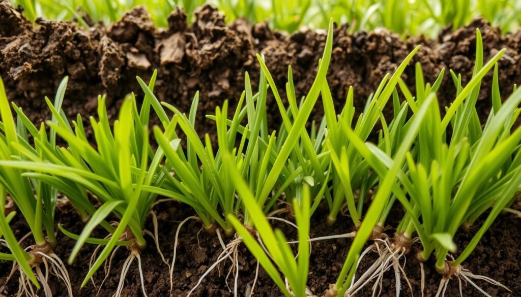 A close-up view of newly laid sod, showcasing the intricate root system establishing itself into the soil. The lush, verdant grass blades cover the foreground, their vibrant green hues contrasted by the rich, earthy tones of the exposed soil. Delicate, white root tendrils snake through the soil, anchoring the sod and creating a strong, cohesive network. Soft, diffused lighting illuminates the scene, casting gentle shadows that accentuate the textural details. The overall composition emphasizes the critical early stages of sod establishment, a crucial process for achieving a healthy, thriving lawn. A close-up view of newly laid sod, showcasing the intricate root system establishing itself into the soil. The lush, verdant grass blades cover the foreground, their vibrant green hues contrasted by the rich, earthy tones of the exposed soil. Delicate, white root tendrils snake through the soil, anchoring the sod and creating a strong, cohesive network. Soft, diffused lighting illuminates the scene, casting gentle shadows that accentuate the textural details. The overall composition emphasizes the critical early stages of sod establishment, a crucial process for achieving a healthy, thriving lawn.