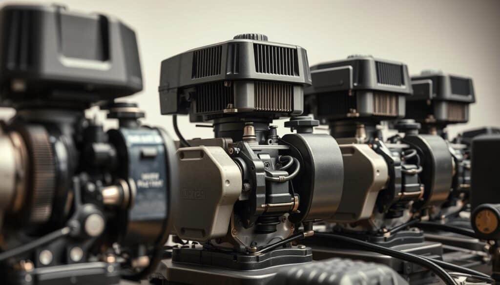 A close-up view of several lawn mower engines, showcasing their intricate internal components and engineering. The engines are displayed in a well-lit, studio-like setting with a clean, neutral background, allowing the details and textures to stand out. The image captures the mechanical complexity and precision of these essential power sources, highlighting their role in the operation of lawn mowers. The lighting is soft and diffused, creating a sense of depth and emphasizing the engineering features, such as the cylinder blocks, spark plugs, and air filters. The camera angle is slightly elevated, providing a comprehensive view of the engine components and conveying a sense of technical expertise and understanding. A close-up view of several lawn mower engines, showcasing their intricate internal components and engineering. The engines are displayed in a well-lit, studio-like setting with a clean, neutral background, allowing the details and textures to stand out. The image captures the mechanical complexity and precision of these essential power sources, highlighting their role in the operation of lawn mowers. The lighting is soft and diffused, creating a sense of depth and emphasizing the engineering features, such as the cylinder blocks, spark plugs, and air filters. The camera angle is slightly elevated, providing a comprehensive view of the engine components and conveying a sense of technical expertise and understanding.