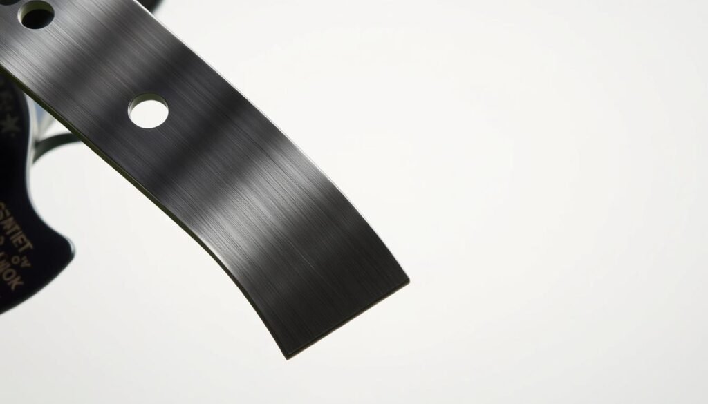 A close-up view of sharp, gleaming metal mower blades against a plain background. The blades are razor-sharp, with a polished, mirror-like finish that reflects the light. The image is shot from a low angle, highlighting the keen edge and serrated teeth of the blades. The lighting is soft and even, creating subtle shadows that accentuate the blade's contours. The overall mood is clean, crisp, and focused, conveying the importance of well-maintained mower blades for a healthy, even lawn. A close-up view of sharp, gleaming metal mower blades against a plain background. The blades are razor-sharp, with a polished, mirror-like finish that reflects the light. The image is shot from a low angle, highlighting the keen edge and serrated teeth of the blades. The lighting is soft and even, creating subtle shadows that accentuate the blade's contours. The overall mood is clean, crisp, and focused, conveying the importance of well-maintained mower blades for a healthy, even lawn.
