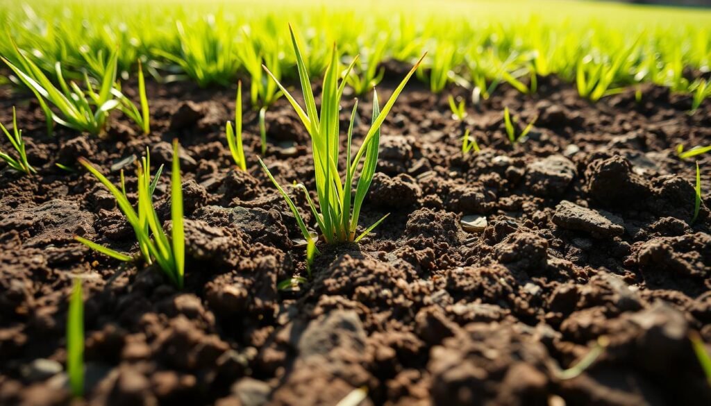 A close-up view of soil compaction in a lush green lawn, bathed in soft, natural lighting. The foreground reveals densely packed, clay-rich earth with visible surface depression and cracking. The middle ground showcases individual grass blades struggling to push through the compacted soil, their growth stunted and yellowing. In the background, the overall lawn appears uneven and patchy, indicating widespread soil compaction issues. Captured with a macro lens at a shallow depth of field to emphasize the textural details of the compact, moisture-deprived soil.