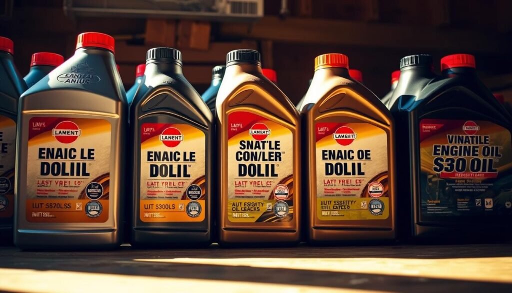 A close-up view of various engine oil bottles arranged on a wooden surface, with different viscosity grades clearly displayed on the labels. The bottles are illuminated by warm, natural lighting, casting soft shadows and giving the scene a crisp, professional atmosphere. The image should convey a sense of expertise and attention to detail, catering to the informative nature of the article's section on choosing the right oil for a push mower. A close-up view of various engine oil bottles arranged on a wooden surface, with different viscosity grades clearly displayed on the labels. The bottles are illuminated by warm, natural lighting, casting soft shadows and giving the scene a crisp, professional atmosphere. The image should convey a sense of expertise and attention to detail, catering to the informative nature of the article's section on choosing the right oil for a push mower.