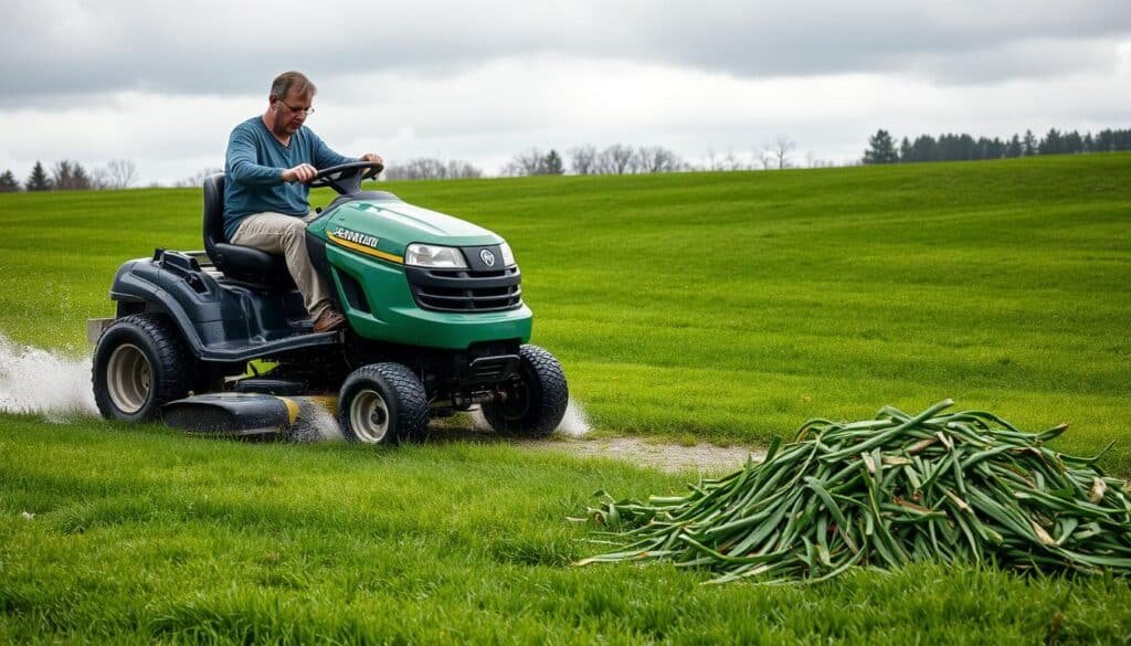 A damp, verdant lawn stretches out under an overcast sky, droplets glistening on the blades of grass. In the foreground, a riding mower navigates the wet terrain, its tires kicking up spray as the engine rumbles. The operator leans forward, gripping the steering wheel with caution. Nearby, a pile of cut grass clippings lies sodden and heavy, a testament to the risks of mowing in wet conditions. The scene conveys a sense of unease, highlighting the potential hazards of operating machinery on a saturated lawn - from reduced traction and visibility to the possibility of electrical issues or equipment damage.