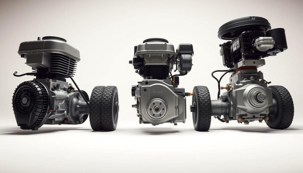 A detailed, close-up illustration of various lawn mower engine types, including a 4-stroke gasoline engine, a 2-stroke gasoline engine, and a diesel engine. The engines are shown in a neutral, well-lit studio setting, with a clean, white background that allows the technical details to be clearly visible. The perspective is slightly angled, providing a comprehensive view of the engine components, such as the cylinder block, crankshaft, and carburetor. The image conveys a sense of technical precision and offers a visually informative reference for understanding the different engine configurations commonly found in lawn mowers.