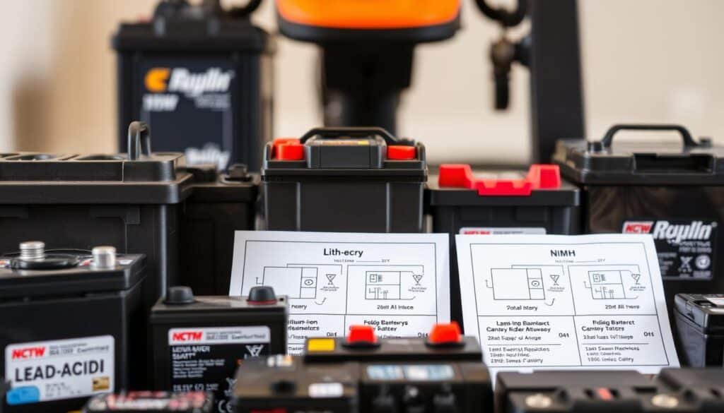 A detailed close-up of various battery types commonly used in riding lawn mowers. The foreground features a selection of batteries in different sizes and chemistries, such as lead-acid, lithium-ion, and NiMH, arranged neatly against a clean, neutral background. The lighting is soft and diffused, highlighting the textures and colors of the batteries. The midground includes technical diagrams or schematics providing information about the battery specifications, voltage, and amperage. The background is blurred, creating a sense of focus on the battery types and their technical details. A detailed close-up of various battery types commonly used in riding lawn mowers. The foreground features a selection of batteries in different sizes and chemistries, such as lead-acid, lithium-ion, and NiMH, arranged neatly against a clean, neutral background. The lighting is soft and diffused, highlighting the textures and colors of the batteries. The midground includes technical diagrams or schematics providing information about the battery specifications, voltage, and amperage. The background is blurred, creating a sense of focus on the battery types and their technical details.