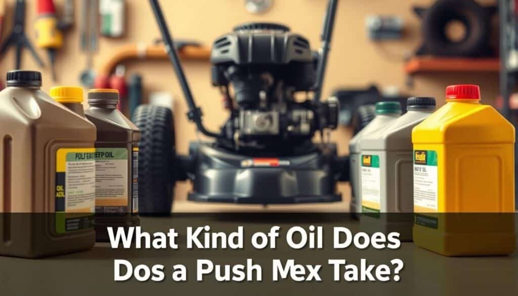 A detailed comparison of lawn mower oil grades, showcased on a clean, well-lit workbench. In the foreground, various oil bottles are arranged neatly, their labels visible and easily readable. The middle ground features a dismantled lawn mower engine, allowing viewers to understand the technical context. The background subtly blurs, maintaining focus on the key elements. The lighting is warm and natural, creating a professional, informative atmosphere. The composition is balanced, guiding the eye towards the essential details. No distracting elements or text overlays are present, allowing the image to effectively illustrate the "What Kind of Oil Does a Push Mower Take" section.