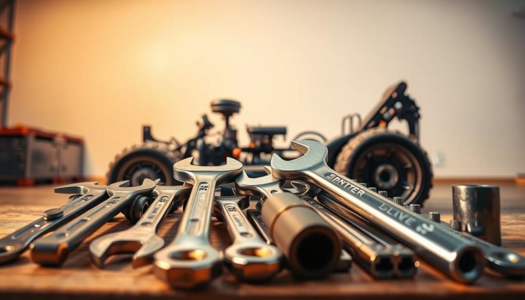 A detailed image of lawn mower blade removal tools, showcased against a clean, well-lit backdrop. In the foreground, a set of sturdy wrenches, socket drivers, and specialized blade removal tools are neatly arranged, their metallic surfaces gleaming under warm, directional lighting. The middle ground features a disassembled lawn mower, its chassis and components visible, providing context and scale. In the background, a clean, uncluttered workspace with neutral tones sets the stage, allowing the tools and mower to be the focal point. The overall mood is one of functionality, precision, and attention to detail, reflecting the step-by-step nature of the "How-To Guide" on reverse-threaded mower blades. A detailed image of lawn mower blade removal tools, showcased against a clean, well-lit backdrop. In the foreground, a set of sturdy wrenches, socket drivers, and specialized blade removal tools are neatly arranged, their metallic surfaces gleaming under warm, directional lighting. The middle ground features a disassembled lawn mower, its chassis and components visible, providing context and scale. In the background, a clean, uncluttered workspace with neutral tones sets the stage, allowing the tools and mower to be the focal point. The overall mood is one of functionality, precision, and attention to detail, reflecting the step-by-step nature of the "How-To Guide" on reverse-threaded mower blades.