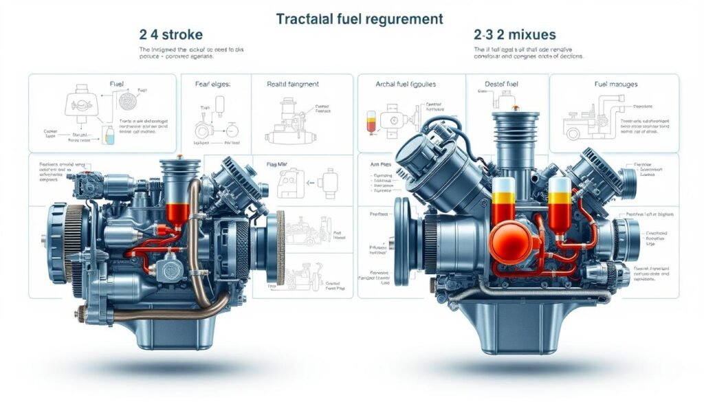 A detailed, technical diagram showcasing the fuel requirements for 4-stroke and 2-stroke engines. In the foreground, a precisely rendered 4-stroke engine cutaway, revealing its internal components and fuel pathways. In the middle ground, a similar 2-stroke engine cutaway, highlighting its distinct fuel mixture needs. The background features a clean, minimalist layout with technical diagrams and specifications, conveying the essential differences between the two engine types in a clear, informative manner. Crisp, high-resolution rendering with a cool, scientific color palette and careful attention to technical accuracy, creating a visually striking and educational illustration. A detailed, technical diagram showcasing the fuel requirements for 4-stroke and 2-stroke engines. In the foreground, a precisely rendered 4-stroke engine cutaway, revealing its internal components and fuel pathways. In the middle ground, a similar 2-stroke engine cutaway, highlighting its distinct fuel mixture needs. The background features a clean, minimalist layout with technical diagrams and specifications, conveying the essential differences between the two engine types in a clear, informative manner. Crisp, high-resolution rendering with a cool, scientific color palette and careful attention to technical accuracy, creating a visually striking and educational illustration.
