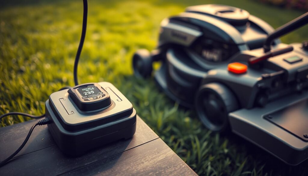 A detailed view of a lawn mower battery charging station. In the foreground, the battery is connected to a charger with a digital display showing the charging progress and status. The middle ground features the lawn mower itself, positioned nearby, with its sleek and modern design. The background showcases a well-manicured lawn, adding a sense of natural harmony to the scene. The lighting is soft and diffused, creating a warm and inviting atmosphere. The camera angle is slightly elevated, providing a balanced and compositional view of the setup. Technical details like the charger's specifications and the battery's capacity are subtly implied, complementing the overall informative nature of the image. A detailed view of a lawn mower battery charging station. In the foreground, the battery is connected to a charger with a digital display showing the charging progress and status. The middle ground features the lawn mower itself, positioned nearby, with its sleek and modern design. The background showcases a well-manicured lawn, adding a sense of natural harmony to the scene. The lighting is soft and diffused, creating a warm and inviting atmosphere. The camera angle is slightly elevated, providing a balanced and compositional view of the setup. Technical details like the charger's specifications and the battery's capacity are subtly implied, complementing the overall informative nature of the image.