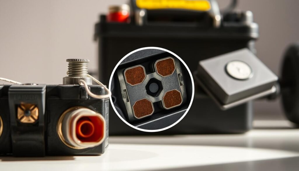 A detailed, well-lit close-up shot of a riding mower battery with various factors affecting its lifespan highlighted. In the foreground, the battery terminals, connections, and corrosion are clearly visible. In the middle ground, a magnified view showcases the battery's internal components, such as the lead-acid cells and separator. The background features a neutral, uncluttered environment to keep the focus on the technical details. The lighting is bright and directional, casting shadows that emphasize the battery's textures and contours. The overall mood is one of informative clarity, emphasizing the technical aspects that influence a riding mower battery's longevity. A detailed, well-lit close-up shot of a riding mower battery with various factors affecting its lifespan highlighted. In the foreground, the battery terminals, connections, and corrosion are clearly visible. In the middle ground, a magnified view showcases the battery's internal components, such as the lead-acid cells and separator. The background features a neutral, uncluttered environment to keep the focus on the technical details. The lighting is bright and directional, casting shadows that emphasize the battery's textures and contours. The overall mood is one of informative clarity, emphasizing the technical aspects that influence a riding mower battery's longevity.