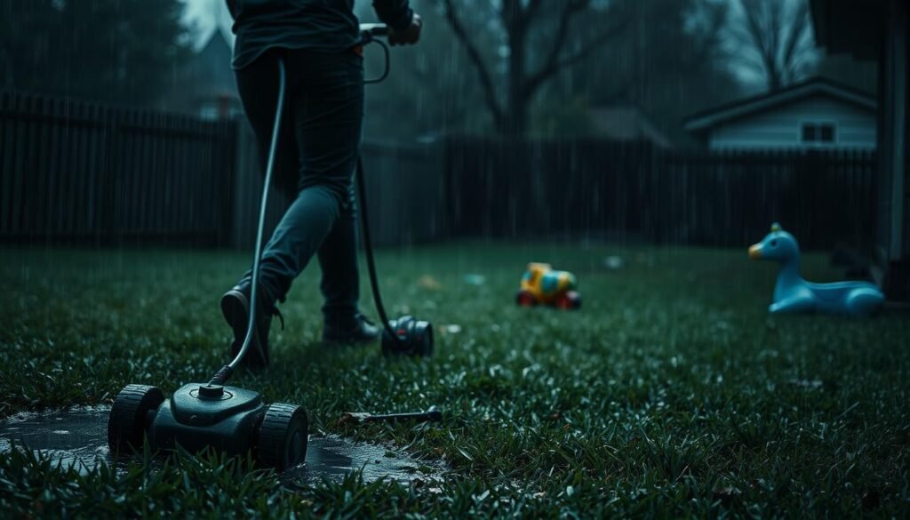 A dimly lit backyard on an overcast day, the wet grass glistening with rain. In the foreground, a person mowing a lawn, their body tense as they navigate the slick terrain, power cord dangling precariously close to a puddle. In the middle ground, a child's toy lies forgotten, a potential tripping hazard. The background is hazy, with the outline of a fence and a shed, suggesting the risk of colliding with obstacles. The overall mood is one of unease, highlighting the dangers of operating machinery in wet, treacherous conditions. A dimly lit backyard on an overcast day, the wet grass glistening with rain. In the foreground, a person mowing a lawn, their body tense as they navigate the slick terrain, power cord dangling precariously close to a puddle. In the middle ground, a child's toy lies forgotten, a potential tripping hazard. The background is hazy, with the outline of a fence and a shed, suggesting the risk of colliding with obstacles. The overall mood is one of unease, highlighting the dangers of operating machinery in wet, treacherous conditions.