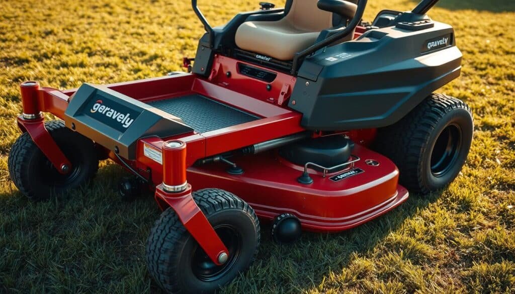 A high-angle, detailed close-up view of a Gravely zero-turn mower showcasing its key design features. The mower is positioned on a grassy field under warm, directional lighting, casting subtle shadows that accentuate the contours. In the foreground, the sleek, low-profile deck, sturdy frame, and high-performance engine are prominently displayed. The middle ground highlights the rugged, knobby tires and precision steering controls. In the background, the mower's advanced mulching and bagging systems are visible. The overall mood is one of professional, industrial-grade quality and cutting-edge engineering. A high-angle, detailed close-up view of a Gravely zero-turn mower showcasing its key design features. The mower is positioned on a grassy field under warm, directional lighting, casting subtle shadows that accentuate the contours. In the foreground, the sleek, low-profile deck, sturdy frame, and high-performance engine are prominently displayed. The middle ground highlights the rugged, knobby tires and precision steering controls. In the background, the mower's advanced mulching and bagging systems are visible. The overall mood is one of professional, industrial-grade quality and cutting-edge engineering.