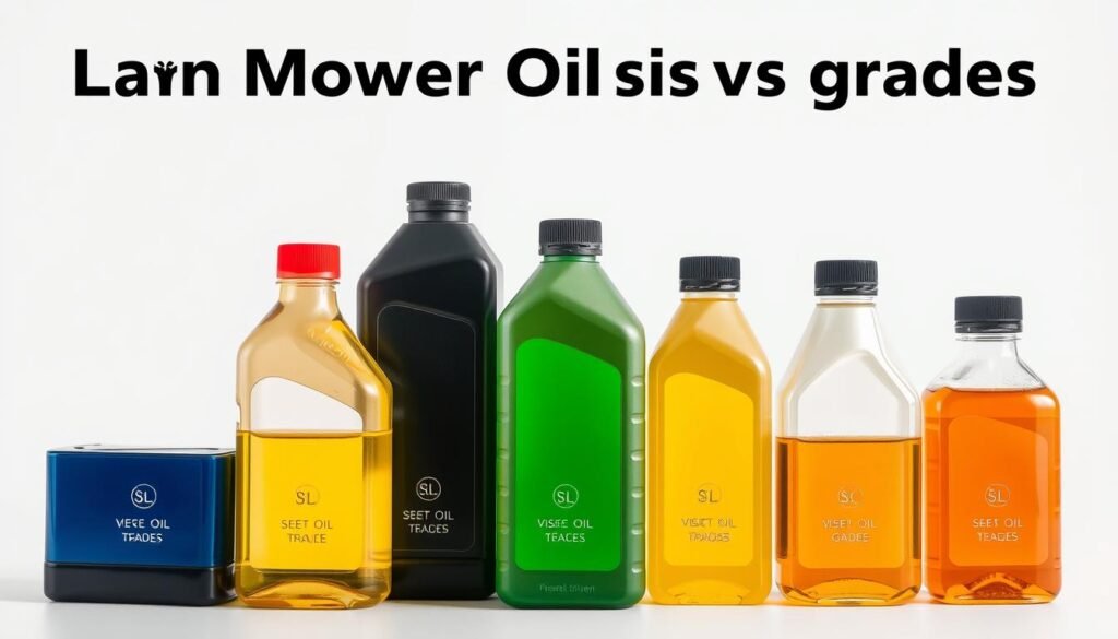 A high-quality, photorealistic illustration of lawn mower oil viscosity grades, showcasing the differences in color and thickness between various SAE grades. The image is set against a clean, white background, with the oils displayed in transparent bottles or containers, allowing the viewer to clearly see the distinct viscosities. The lighting is soft and diffused, creating a sense of depth and highlighting the textural details of the oils. The composition is balanced and visually appealing, with the oils arranged in an organized, informative manner to support the subject matter of the article. A high-quality, photorealistic illustration of lawn mower oil viscosity grades, showcasing the differences in color and thickness between various SAE grades. The image is set against a clean, white background, with the oils displayed in transparent bottles or containers, allowing the viewer to clearly see the distinct viscosities. The lighting is soft and diffused, creating a sense of depth and highlighting the textural details of the oils. The composition is balanced and visually appealing, with the oils arranged in an organized, informative manner to support the subject matter of the article.