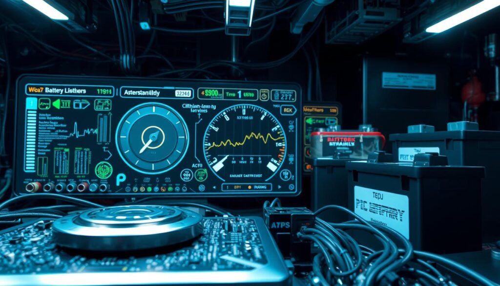 A high-tech electronic dashboard displays critical battery metrics, with a focus on factors influencing lifespan. Sleek, metallic components in the foreground, surrounded by a complex web of circuit boards, wires, and diagnostic readouts. The lighting is cool and clinical, emphasizing the technical nature of the subject. In the background, various battery types, from lithium-ion to lead-acid, are positioned to highlight their unique characteristics and how they contribute to overall battery performance and longevity. The overall composition conveys a sense of precision, innovation, and the importance of understanding battery behavior to optimize usage and maintenance. A high-tech electronic dashboard displays critical battery metrics, with a focus on factors influencing lifespan. Sleek, metallic components in the foreground, surrounded by a complex web of circuit boards, wires, and diagnostic readouts. The lighting is cool and clinical, emphasizing the technical nature of the subject. In the background, various battery types, from lithium-ion to lead-acid, are positioned to highlight their unique characteristics and how they contribute to overall battery performance and longevity. The overall composition conveys a sense of precision, innovation, and the importance of understanding battery behavior to optimize usage and maintenance.