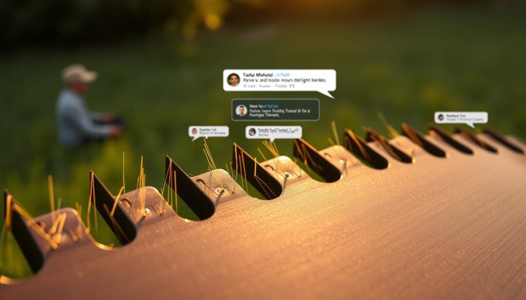 A lively online forum discussion on the intricacies of lawn mower blade threads, with a close-up focus on the blade's reverse threading mechanism. The foreground features the blade's intricate grooves and serrations, illuminated by a warm, natural lighting. In the middle ground, virtual users engaged in a technical debate, their avatars and text bubbles visible, while the background showcases a blurred, verdant lawn setting, evoking the practical application of this knowledge. The overall atmosphere is one of informed discourse, with a sense of technical precision and practical utility. A lively online forum discussion on the intricacies of lawn mower blade threads, with a close-up focus on the blade's reverse threading mechanism. The foreground features the blade's intricate grooves and serrations, illuminated by a warm, natural lighting. In the middle ground, virtual users engaged in a technical debate, their avatars and text bubbles visible, while the background showcases a blurred, verdant lawn setting, evoking the practical application of this knowledge. The overall atmosphere is one of informed discourse, with a sense of technical precision and practical utility.