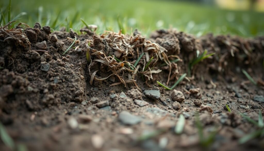 A lush, close-up view of compacted soil and dense thatch buildup on a lawn. The foreground shows the soil's surface, with visible signs of compression and hardening, creating a mottled, uneven texture. In the middle ground, a thick layer of decaying grass and organic matter has accumulated, forming a spongy, mat-like thatch layer. The background fades into a soft, out-of-focus green, hinting at the surrounding healthy grass. The lighting is soft and diffused, creating a naturalistic, documentary-style aesthetic. The perspective is low, as if the viewer is kneeling and examining the soil up close, capturing the intricate details of this unseen, yet critical component of lawn health.