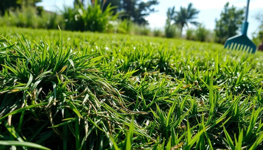 A lush green lawn covered in patches of thick, matted grass clippings, the wet blades adhering together in an unsightly mess. Sunlight filters through wispy clouds, casting soft shadows across the scene. In the foreground, a close-up view shows the tangled, fibrous thatch accumulating at the base of the grass, impeding airflow and nutrient absorption. The middle ground reveals the uneven, patchy appearance of the lawn, a result of the compacted, wet grass. In the background, gardening tools like a rake and lawn mower stand ready, hinting at the necessary steps to revitalize the struggling turf. The overall mood is one of concern and a need for lawn maintenance, conveying the importance of managing wet grass conditions to maintain a healthy, thriving yard.
