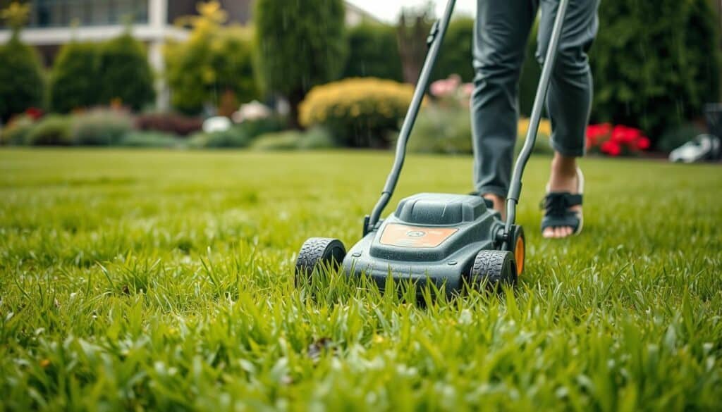 A lush green lawn, dampened by a light rainfall, with a person in the foreground carefully guiding a push mower through the wet grass. The mower's blades glisten in the soft, diffused lighting of an overcast day. In the middle ground, there are visual cues like safety gear, such as slip-resistant shoes and protective eyewear, to emphasize the importance of proper safety precautions. The background features a well-maintained garden or landscaping, suggesting a well-cared-for outdoor space. The overall mood is one of diligence and attention to detail, with the person's focused expression conveying the need to mow wet grass safely. A lush green lawn, dampened by a light rainfall, with a person in the foreground carefully guiding a push mower through the wet grass. The mower's blades glisten in the soft, diffused lighting of an overcast day. In the middle ground, there are visual cues like safety gear, such as slip-resistant shoes and protective eyewear, to emphasize the importance of proper safety precautions. The background features a well-maintained garden or landscaping, suggesting a well-cared-for outdoor space. The overall mood is one of diligence and attention to detail, with the person's focused expression conveying the need to mow wet grass safely.