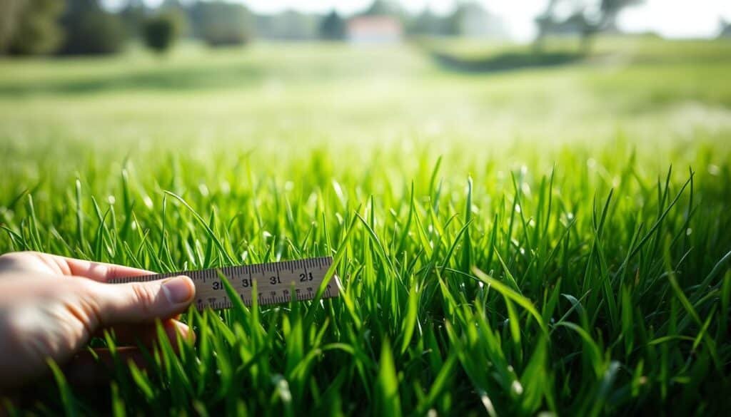 A lush green lawn, the blades of grass swaying gently in the breeze. In the foreground, a hand-held ruler held against the ground, measuring the precise height of the grass. The lighting is natural, with soft, diffused sunlight filtering through wispy clouds, creating a serene and inviting atmosphere. The depth of field is shallow, keeping the focus on the grass measurement, while the background blurs into a hazy, verdant landscape. Conveying the essence of a tranquil summer day, this image will perfectly illustrate the section on key indicators for the start of mowing season. A lush green lawn, the blades of grass swaying gently in the breeze. In the foreground, a hand-held ruler held against the ground, measuring the precise height of the grass. The lighting is natural, with soft, diffused sunlight filtering through wispy clouds, creating a serene and inviting atmosphere. The depth of field is shallow, keeping the focus on the grass measurement, while the background blurs into a hazy, verdant landscape. Conveying the essence of a tranquil summer day, this image will perfectly illustrate the section on key indicators for the start of mowing season.