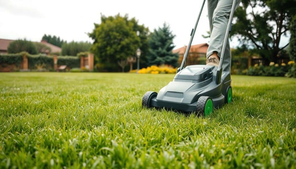 A lush green lawn under a soft overcast sky, the grass glistening with moisture. In the foreground, a person operating a modern electric lawn mower, carefully navigating the damp terrain, their movements deliberate and controlled. The mower's blades glide effortlessly through the wet grass, leaving behind a neatly trimmed, even surface. In the middle ground, a mix of short and long grass blades, highlighting the challenges of mowing in wet conditions. The background features mature trees and shrubs, adding depth and a sense of tranquility to the scene. Lighting is natural and diffused, casting gentle shadows and highlighting the subtle textures of the grass and equipment. The overall atmosphere conveys a sense of care and attention to maintaining the yard's health, even in less-than-ideal mowing conditions.