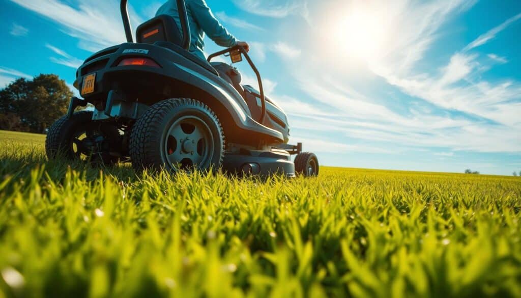 A lush green lawn under the warm glow of the morning sun, with a riding mower effortlessly gliding across the grass, leaving behind neatly trimmed blades. In the distance, a clear blue sky with wispy clouds, creating a serene and tranquil atmosphere. The mower's sleek design and efficient engine operation evoke a sense of precision and optimization, perfectly capturing the idea of the "optimal lawn mowing time." The scene is captured from a low angle, emphasizing the power and capability of the mowing equipment, while also showcasing the pristine and well-manicured lawn, the result of careful timing and attention to detail. A lush green lawn under the warm glow of the morning sun, with a riding mower effortlessly gliding across the grass, leaving behind neatly trimmed blades. In the distance, a clear blue sky with wispy clouds, creating a serene and tranquil atmosphere. The mower's sleek design and efficient engine operation evoke a sense of precision and optimization, perfectly capturing the idea of the "optimal lawn mowing time." The scene is captured from a low angle, emphasizing the power and capability of the mowing equipment, while also showcasing the pristine and well-manicured lawn, the result of careful timing and attention to detail.