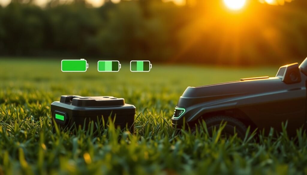 A lush green lawn with a sleek, modern lawn mower in the foreground. The lawn mower's battery sits prominently, its charge level indicator glowing softly. In the middle ground, a series of battery life icons illustrate the progressive depletion of the battery's power over time. The background features a warm, golden sunset, casting a soft, natural light over the entire scene. The overall atmosphere conveys a sense of efficiency, sustainability, and the reliable performance of the lawn mower's battery. A lush green lawn with a sleek, modern lawn mower in the foreground. The lawn mower's battery sits prominently, its charge level indicator glowing softly. In the middle ground, a series of battery life icons illustrate the progressive depletion of the battery's power over time. The background features a warm, golden sunset, casting a soft, natural light over the entire scene. The overall atmosphere conveys a sense of efficiency, sustainability, and the reliable performance of the lawn mower's battery.
