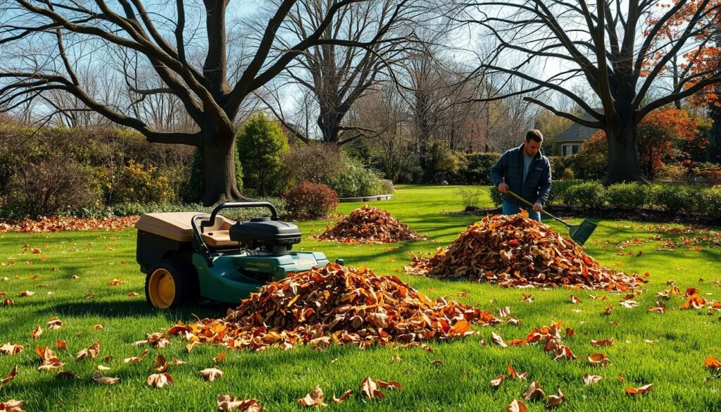 A lush, verdant backyard setting on a sunny autumn day. In the foreground, a person in casual clothing operates a lawn mower, cutting and shredding fallen leaves into a fine mulch. In the middle ground, a second person rakes and gathers the mulched leaves, creating neat piles. The background features a mix of mature trees, their branches bare, and a well-manicured lawn dotted with the remaining leaves. The lighting is soft and natural, casting gentle shadows. The overall mood is one of productive, eco-friendly leaf management, with a sense of order and tranquility. A lush, verdant backyard setting on a sunny autumn day. In the foreground, a person in casual clothing operates a lawn mower, cutting and shredding fallen leaves into a fine mulch. In the middle ground, a second person rakes and gathers the mulched leaves, creating neat piles. The background features a mix of mature trees, their branches bare, and a well-manicured lawn dotted with the remaining leaves. The lighting is soft and natural, casting gentle shadows. The overall mood is one of productive, eco-friendly leaf management, with a sense of order and tranquility.