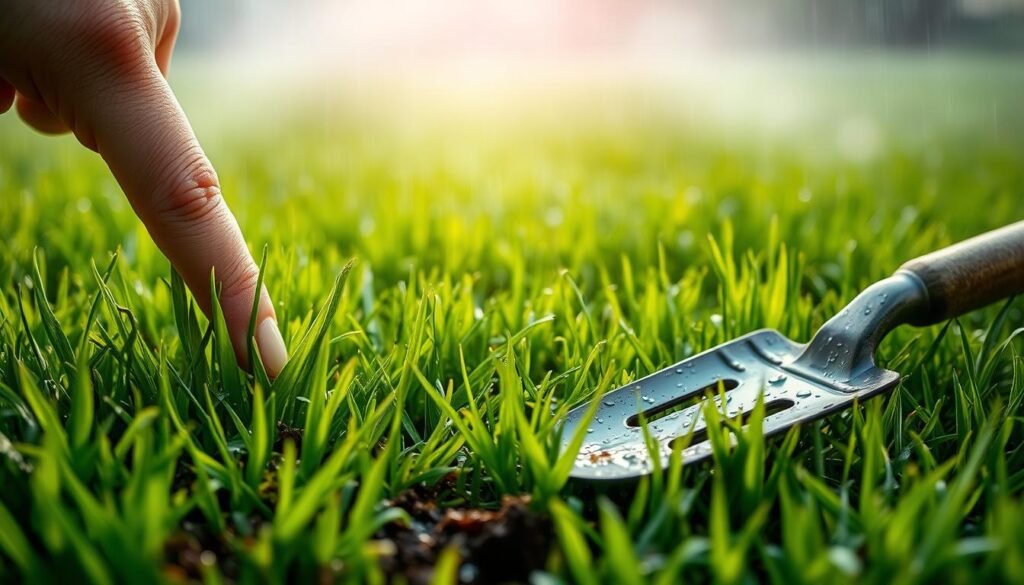 A lush, verdant lawn after a refreshing rain. In the foreground, a hand gently probes the soil, testing the moisture level with a careful touch. The blades of grass glisten with droplets, their vibrant green hue a testament to the nourishing rain. Soft, diffused sunlight filters through wispy clouds, casting a gentle glow over the scene. In the middle ground, a weathered garden trowel rests nearby, a tool of the trade for the meticulous lawn care enthusiast. The background fades into a serene, out-of-focus backdrop, allowing the focus to remain on the central act of evaluating the optimal mowing conditions. This tranquil, naturalistic composition captures the essence of the question "Is It Okay to Mow After Rain? Guidelines". A lush, verdant lawn after a refreshing rain. In the foreground, a hand gently probes the soil, testing the moisture level with a careful touch. The blades of grass glisten with droplets, their vibrant green hue a testament to the nourishing rain. Soft, diffused sunlight filters through wispy clouds, casting a gentle glow over the scene. In the middle ground, a weathered garden trowel rests nearby, a tool of the trade for the meticulous lawn care enthusiast. The background fades into a serene, out-of-focus backdrop, allowing the focus to remain on the central act of evaluating the optimal mowing conditions. This tranquil, naturalistic composition captures the essence of the question "Is It Okay to Mow After Rain? Guidelines".