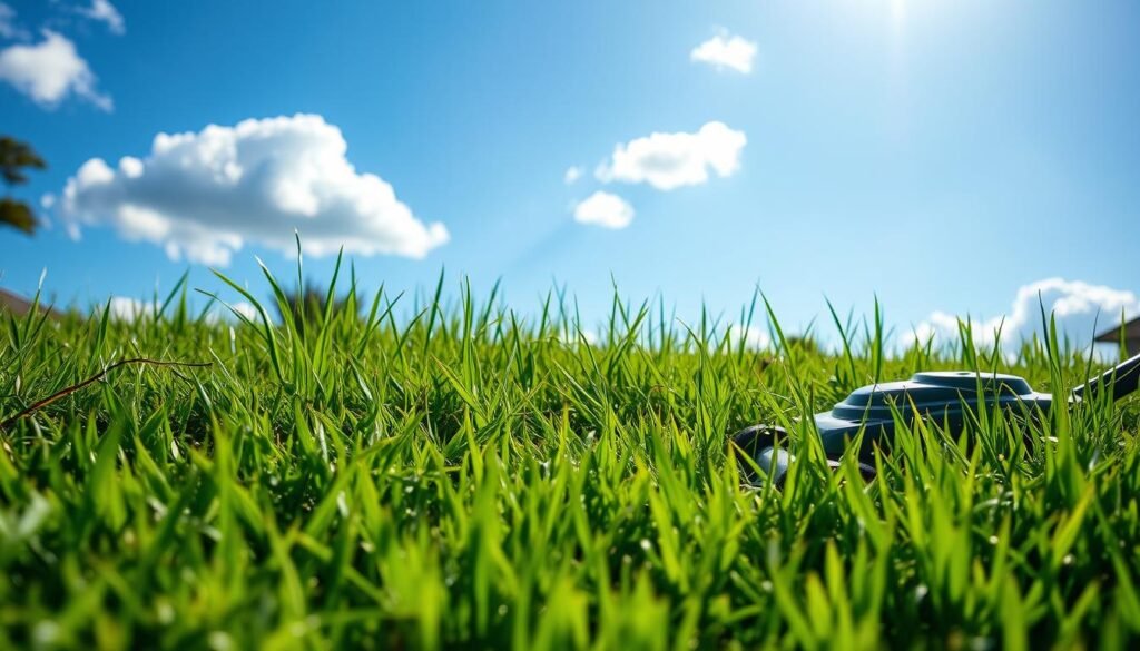 A lush, verdant lawn in the early morning sunlight, with a freshly mowed pattern visible. In the foreground, a well-maintained lawn mower sits idle, its blades gleaming. In the middle ground, blades of grass sway gently in a light breeze, their tips still glistening with morning dew. The background features a clear, blue sky with fluffy white clouds, conveying a sense of tranquility and the ideal conditions for mowing. The scene is captured with a wide-angle lens, giving a sense of depth and scale to the landscape. The overall mood is one of calm and peaceful productivity, setting the stage for the perfect time to mow the lawn. A lush, verdant lawn in the early morning sunlight, with a freshly mowed pattern visible. In the foreground, a well-maintained lawn mower sits idle, its blades gleaming. In the middle ground, blades of grass sway gently in a light breeze, their tips still glistening with morning dew. The background features a clear, blue sky with fluffy white clouds, conveying a sense of tranquility and the ideal conditions for mowing. The scene is captured with a wide-angle lens, giving a sense of depth and scale to the landscape. The overall mood is one of calm and peaceful productivity, setting the stage for the perfect time to mow the lawn.