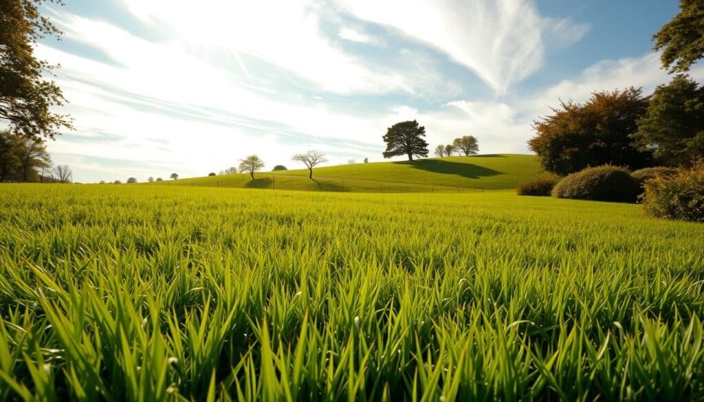 A lush, verdant lawn stretches across the foreground, with diverse grass types such as tall fescue, bluegrass, and ryegrass swaying gently in a light breeze. In the middle ground, wispy clouds drift across a bright, sun-dappled sky, casting dynamic shadows over the landscape. The background features a rolling hillside, with trees and shrubbery providing a natural, tranquil setting. The lighting is warm and golden, creating a serene, inviting atmosphere that captures the essence of a well-maintained, healthy yard. The camera angle is slightly elevated, providing a panoramic view that emphasizes the interconnected relationship between the grass, weather, and overall landscape.