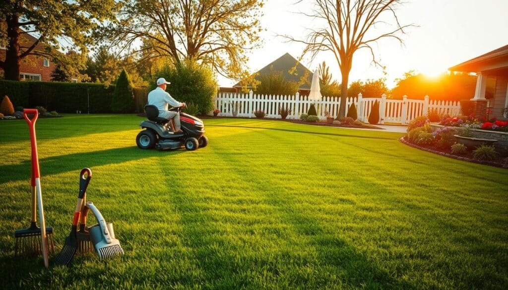 A lush, verdant lawn stretches out, bathed in the warm glow of a golden sunset. In the foreground, a person with a riding lawn mower meticulously guides it across the grass, leaving behind a neatly trimmed pattern. Beside them, a collection of gardening tools - rakes, shears, and a watering can - stand ready for seasonal lawn care tasks. In the middle ground, a well-manicured garden frames the scene, its vibrant flowers and plants complementing the rich, healthy turf. In the distance, a picket fence and a cozy suburban home set the tranquil, inviting atmosphere. The image conveys the importance of strategic, seasonal lawn mowing for maintaining a lush, thriving outdoor space.