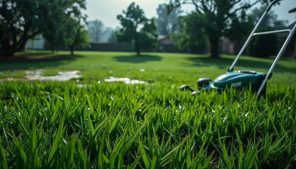 A lush, verdant lawn under an overcast sky after a recent rainfall. In the foreground, wet blades of grass glisten, their tips heavy with droplets. A lawn mower stands idle, its chrome finish catching the dim light. In the middle ground, the soil appears sodden, with puddles dotting the uneven terrain. Shadows cast by nearby trees create a patchwork of light and dark across the scene. The background is hazy, with a sense of dampness permeating the air. The mood is one of contemplation, as the viewer considers the optimal timing and conditions for mowing the lawn after a rainy spell. A lush, verdant lawn under an overcast sky after a recent rainfall. In the foreground, wet blades of grass glisten, their tips heavy with droplets. A lawn mower stands idle, its chrome finish catching the dim light. In the middle ground, the soil appears sodden, with puddles dotting the uneven terrain. Shadows cast by nearby trees create a patchwork of light and dark across the scene. The background is hazy, with a sense of dampness permeating the air. The mood is one of contemplation, as the viewer considers the optimal timing and conditions for mowing the lawn after a rainy spell.