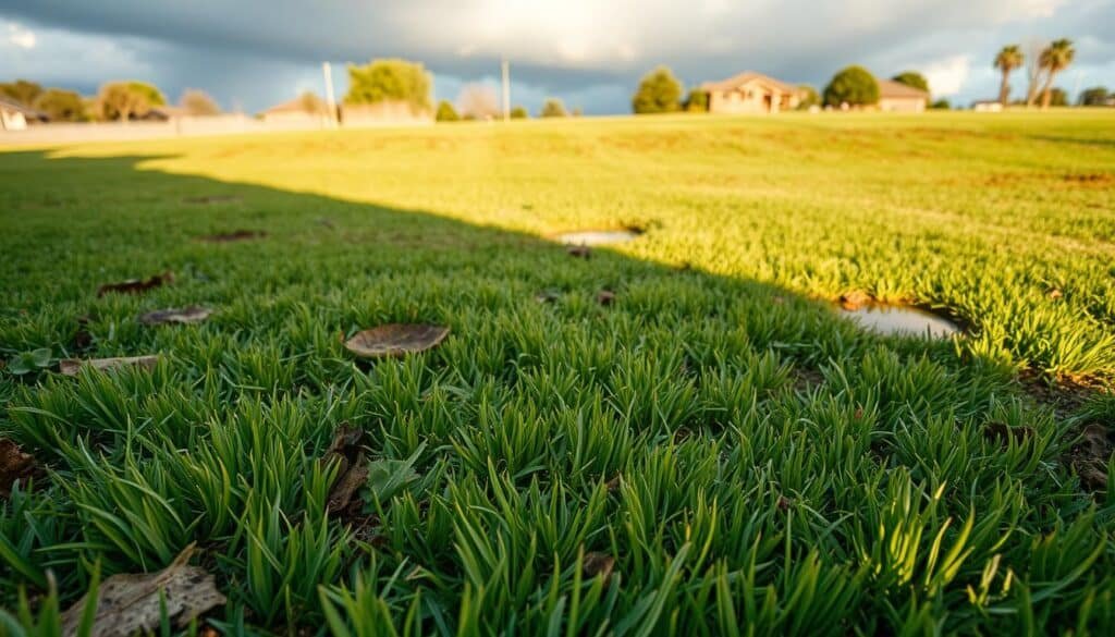 A lush, vibrant lawn with patches of discoloration, dead grass, and fungal growth. In the foreground, close-up shots showcase the textural details - matted, soggy grass blades, spongy soil, and telltale signs of lawn diseases like brown patch, rust, or dollar spot. The middle ground reveals the larger landscape, with uneven, patchy turf and puddles dotting the uneven terrain. Dramatic lighting casts long shadows, creating a moody, ominous atmosphere that underscores the risks of mowing wet, compromised grass. The background hints at the looming storm clouds, further emphasizing the hazardous conditions. Captured with a wide-angle lens to provide a comprehensive, documentary-style view of the lawn disease risks. A lush, vibrant lawn with patches of discoloration, dead grass, and fungal growth. In the foreground, close-up shots showcase the textural details - matted, soggy grass blades, spongy soil, and telltale signs of lawn diseases like brown patch, rust, or dollar spot. The middle ground reveals the larger landscape, with uneven, patchy turf and puddles dotting the uneven terrain. Dramatic lighting casts long shadows, creating a moody, ominous atmosphere that underscores the risks of mowing wet, compromised grass. The background hints at the looming storm clouds, further emphasizing the hazardous conditions. Captured with a wide-angle lens to provide a comprehensive, documentary-style view of the lawn disease risks.