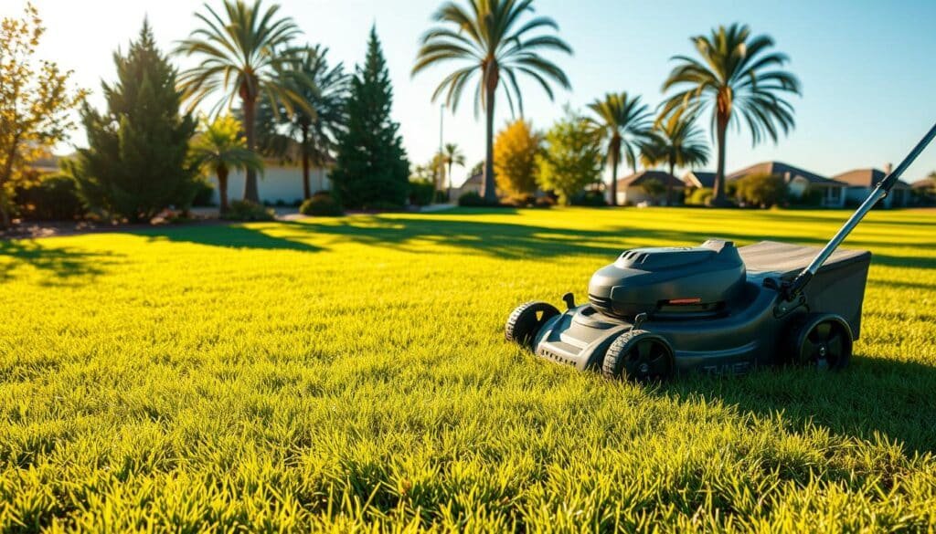 A lush, well-maintained lawn with freshly mowed grass and neatly trimmed edges, bathed in warm, golden afternoon sunlight. In the foreground, a sturdy lawnmower sits on the perfectly manicured grass, its blades gleaming. The middle ground showcases a crisp, clean lawn edging tool, its sharp edges ready to tidy the lawn's perimeter. In the background, a picturesque suburban landscape with tall, swaying trees and a clear blue sky creates a serene, inviting atmosphere. The overall scene conveys a sense of pride, order, and the rewards of diligent lawn care. A lush, well-maintained lawn with freshly mowed grass and neatly trimmed edges, bathed in warm, golden afternoon sunlight. In the foreground, a sturdy lawnmower sits on the perfectly manicured grass, its blades gleaming. The middle ground showcases a crisp, clean lawn edging tool, its sharp edges ready to tidy the lawn's perimeter. In the background, a picturesque suburban landscape with tall, swaying trees and a clear blue sky creates a serene, inviting atmosphere. The overall scene conveys a sense of pride, order, and the rewards of diligent lawn care.