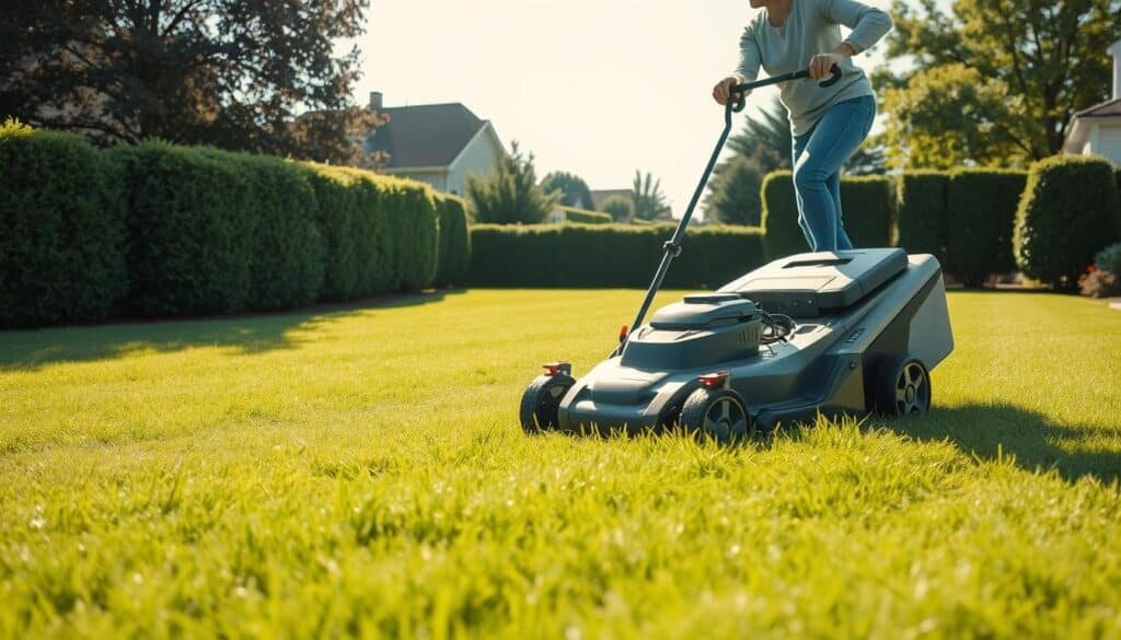 A lush, well-manicured lawn under a bright, mid-morning sun. A person in casual attire, their face focused and attentive, meticulously maneuvering a modern, self-propelled lawn mower through the damp, verdant grass. The mower's blades spin with precision, leaving behind a neat, striped pattern. In the background, a picturesque suburban setting with neatly trimmed hedges and a clear, cloudless sky. The scene exudes a sense of order, control, and the satisfaction of a job well done, capturing the essence of "timing your mow" for optimal results. A lush, well-manicured lawn under a bright, mid-morning sun. A person in casual attire, their face focused and attentive, meticulously maneuvering a modern, self-propelled lawn mower through the damp, verdant grass. The mower's blades spin with precision, leaving behind a neat, striped pattern. In the background, a picturesque suburban setting with neatly trimmed hedges and a clear, cloudless sky. The scene exudes a sense of order, control, and the satisfaction of a job well done, capturing the essence of "timing your mow" for optimal results.