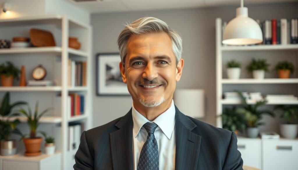 A middle-aged man in a suit and tie, standing confidently in a well-lit office, his friendly expression and relaxed posture conveying a sense of trustworthiness. The background features bookshelves, potted plants, and other professional decor, creating an atmosphere of expertise and reliability. Soft, warm lighting illuminates the scene, highlighting the agent's attentive demeanor and making the viewer feel at ease. The camera angle is slightly elevated, giving the impression of a knowledgeable advisor ready to provide guidance and assurance. A middle-aged man in a suit and tie, standing confidently in a well-lit office, his friendly expression and relaxed posture conveying a sense of trustworthiness. The background features bookshelves, potted plants, and other professional decor, creating an atmosphere of expertise and reliability. Soft, warm lighting illuminates the scene, highlighting the agent's attentive demeanor and making the viewer feel at ease. The camera angle is slightly elevated, giving the impression of a knowledgeable advisor ready to provide guidance and assurance.