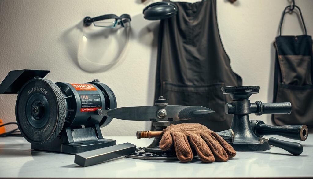 A neatly organized arrangement of mower blade sharpening tools and safety equipment. In the foreground, a bench grinder with a coarse grinding wheel, file, and a pair of sturdy work gloves. In the middle, a well-oiled sharpening jig and a metal vice to hold the blade steady. In the background, a protective face shield, goggles, and a heavy-duty apron hang on the wall, illuminated by soft, directional lighting that casts subtle shadows. The tools are placed on a clean, workbench surface, conveying a sense of professionalism and attention to detail essential for achieving the ideal mower blade sharpness. A neatly organized arrangement of mower blade sharpening tools and safety equipment. In the foreground, a bench grinder with a coarse grinding wheel, file, and a pair of sturdy work gloves. In the middle, a well-oiled sharpening jig and a metal vice to hold the blade steady. In the background, a protective face shield, goggles, and a heavy-duty apron hang on the wall, illuminated by soft, directional lighting that casts subtle shadows. The tools are placed on a clean, workbench surface, conveying a sense of professionalism and attention to detail essential for achieving the ideal mower blade sharpness.