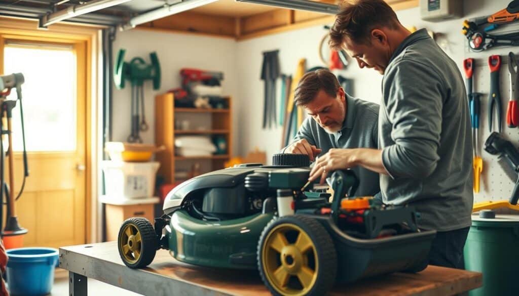 A neatly organized garage workspace, illuminated by warm, natural lighting. In the foreground, a well-maintained lawn mower rests on a sturdy workbench. The owner carefully inspects the engine compartment, checking the oil level with a dipstick, their face reflecting deep concentration. In the background, various gardening tools and equipment are neatly arranged, hinting at the diligence and attention to detail of the homeowner. The atmosphere is one of quiet, focused problem-solving, reflecting the troubleshooting process at the heart of the article's subject. A neatly organized garage workspace, illuminated by warm, natural lighting. In the foreground, a well-maintained lawn mower rests on a sturdy workbench. The owner carefully inspects the engine compartment, checking the oil level with a dipstick, their face reflecting deep concentration. In the background, various gardening tools and equipment are neatly arranged, hinting at the diligence and attention to detail of the homeowner. The atmosphere is one of quiet, focused problem-solving, reflecting the troubleshooting process at the heart of the article's subject.
