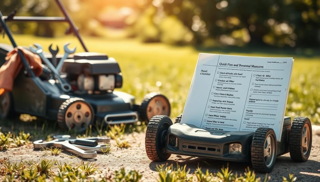 A neatly organized lawn mower maintenance checklist, set against a bright, sun-dappled backdrop. In the foreground, a well-worn but sturdy lawn mower takes center stage, its metal components gleaming. Beside it, a toolbox filled with essential repair tools - wrenches, pliers, and a clean rag. In the middle ground, the checklist itself, its pages spread open, revealing a detailed outline of essential maintenance tasks: check oil level, clean air filter, sharpen blades, inspect belts and hoses. The overall scene conveys a sense of proactive care and attention to detail, perfectly suited to illustrate the "Quick Fixes and Preventative Measures" section of the article. A neatly organized lawn mower maintenance checklist, set against a bright, sun-dappled backdrop. In the foreground, a well-worn but sturdy lawn mower takes center stage, its metal components gleaming. Beside it, a toolbox filled with essential repair tools - wrenches, pliers, and a clean rag. In the middle ground, the checklist itself, its pages spread open, revealing a detailed outline of essential maintenance tasks: check oil level, clean air filter, sharpen blades, inspect belts and hoses. The overall scene conveys a sense of proactive care and attention to detail, perfectly suited to illustrate the "Quick Fixes and Preventative Measures" section of the article.