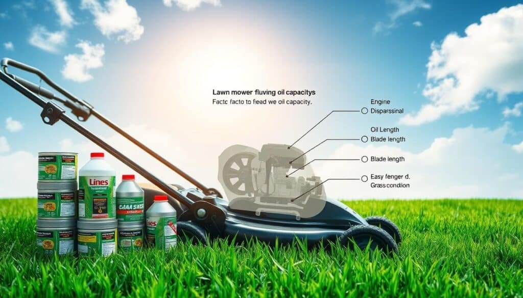 A neatly organized lawn mower resting on a lush green lawn, sunlight gently filtering through wispy clouds. In the foreground, a stack of motor oil cans in various sizes, their labels highlighting different oil capacities. The middle ground features a cutaway diagram of a lawn mower engine, its inner workings clearly visible, emphasizing the importance of proper oil level maintenance. The background subtly depicts factors influencing oil capacity, such as engine displacement, blade length, and grass conditions. The overall scene conveys a sense of technical knowledge and environmental harmony, guiding the viewer's understanding of lawn mower oil capacity factors. A neatly organized lawn mower resting on a lush green lawn, sunlight gently filtering through wispy clouds. In the foreground, a stack of motor oil cans in various sizes, their labels highlighting different oil capacities. The middle ground features a cutaway diagram of a lawn mower engine, its inner workings clearly visible, emphasizing the importance of proper oil level maintenance. The background subtly depicts factors influencing oil capacity, such as engine displacement, blade length, and grass conditions. The overall scene conveys a sense of technical knowledge and environmental harmony, guiding the viewer's understanding of lawn mower oil capacity factors.