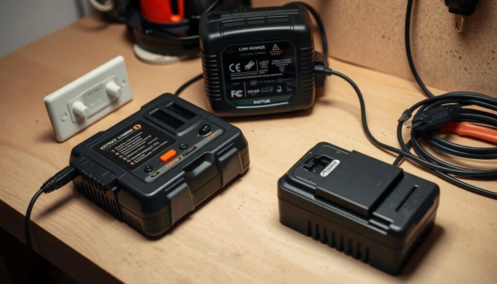 A neatly organized workbench with a lawn mower battery charger plugged into a power outlet. The charger's display and controls are clearly visible, providing step-by-step instructions. The battery, freshly removed from the lawn mower, sits next to the charger, ready for charging. Soft, even lighting illuminates the scene, creating a calm, educational atmosphere. The image is captured from a slightly elevated angle, allowing the viewer to easily follow the charging process. The overall composition is clean, focused, and visually appealing, guiding the viewer through the essential steps of charging a lawn mower battery. A neatly organized workbench with a lawn mower battery charger plugged into a power outlet. The charger's display and controls are clearly visible, providing step-by-step instructions. The battery, freshly removed from the lawn mower, sits next to the charger, ready for charging. Soft, even lighting illuminates the scene, creating a calm, educational atmosphere. The image is captured from a slightly elevated angle, allowing the viewer to easily follow the charging process. The overall composition is clean, focused, and visually appealing, guiding the viewer through the essential steps of charging a lawn mower battery.