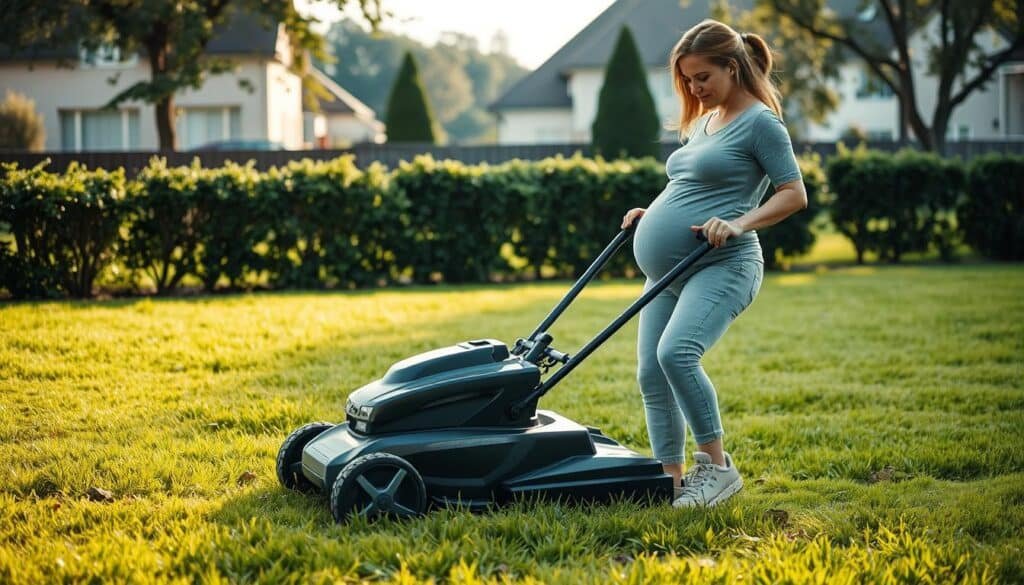 A pregnant woman in a casual, comfortable outfit carefully maneuvering a modern, self-propelled lawn mower on a lush, well-maintained lawn. Soft, diffused natural light illuminates the scene, casting gentle shadows. The woman's expression conveys a sense of focus and caution as she navigates the task. In the background, a picturesque suburban setting with neatly trimmed hedges and a few trees provides a peaceful, pastoral atmosphere. The overall tone is one of safety, responsibility, and the harmonious integration of pregnancy and everyday household tasks. A pregnant woman in a casual, comfortable outfit carefully maneuvering a modern, self-propelled lawn mower on a lush, well-maintained lawn. Soft, diffused natural light illuminates the scene, casting gentle shadows. The woman's expression conveys a sense of focus and caution as she navigates the task. In the background, a picturesque suburban setting with neatly trimmed hedges and a few trees provides a peaceful, pastoral atmosphere. The overall tone is one of safety, responsibility, and the harmonious integration of pregnancy and everyday household tasks.