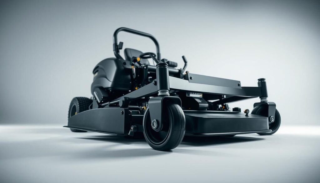 A professional-grade mower deck, meticulously captured from multiple angles under crisp studio lighting. The deck's sturdy build and intricate mechanisms are showcased, inviting closer inspection. In the foreground, a set of compatible connectors and attachment points stands out, highlighting the deck's versatility. The middle ground reveals the deck's sleek design, with clean lines and a polished finish. In the background, a minimalist backdrop allows the subject to take center stage, emphasizing its technical prowess. The overall atmosphere conveys a sense of precision, functionality, and the importance of ensuring proper mower deck compatibility. A professional-grade mower deck, meticulously captured from multiple angles under crisp studio lighting. The deck's sturdy build and intricate mechanisms are showcased, inviting closer inspection. In the foreground, a set of compatible connectors and attachment points stands out, highlighting the deck's versatility. The middle ground reveals the deck's sleek design, with clean lines and a polished finish. In the background, a minimalist backdrop allows the subject to take center stage, emphasizing its technical prowess. The overall atmosphere conveys a sense of precision, functionality, and the importance of ensuring proper mower deck compatibility.