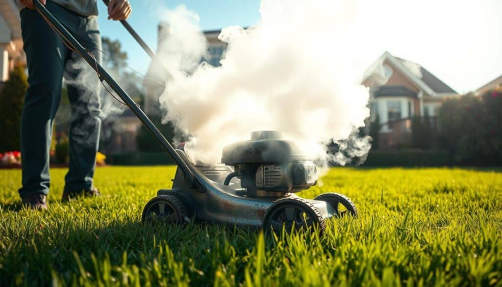 A push lawn mower enveloped in a plume of white smoke, its engine laboring under the strain. The mower's blades churn through the lush green grass, creating a stark contrast against the billowing haze. Afternoon sunlight filters through the smoky atmosphere, casting warm, diffused tones across the scene. The mower's metal chassis gleams with a weathered patina, hinting at years of hard work. The operator's hands grip the handles, their expression one of concern as they survey the issue. The surrounding landscape is a picturesque suburban yard, with well-manicured flower beds and a neatly trimmed hedge lining the edges. This image captures the essence of a common lawn care problem, inviting the viewer to investigate the causes and solutions. A push lawn mower enveloped in a plume of white smoke, its engine laboring under the strain. The mower's blades churn through the lush green grass, creating a stark contrast against the billowing haze. Afternoon sunlight filters through the smoky atmosphere, casting warm, diffused tones across the scene. The mower's metal chassis gleams with a weathered patina, hinting at years of hard work. The operator's hands grip the handles, their expression one of concern as they survey the issue. The surrounding landscape is a picturesque suburban yard, with well-manicured flower beds and a neatly trimmed hedge lining the edges. This image captures the essence of a common lawn care problem, inviting the viewer to investigate the causes and solutions.