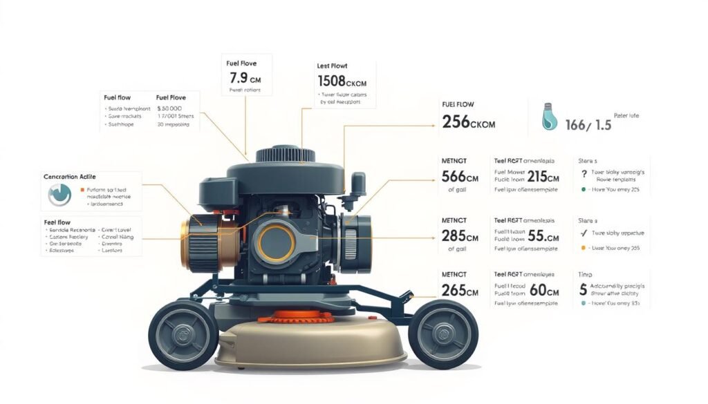 A realistic, technical illustration of fuel consumption rates in a lawn mower engine. Detailed cross-section view of the engine, with precise diagrams and metrics displaying fuel flow, consumption, and efficiency. Utilizes a crisp, technical illustration style with clean lines, muted colors, and accurate engineering details. The scene is set against a plain, neutral background to maintain focus on the informative visuals. Lighting is bright and evenly distributed, with a slight technical/industrial mood. Camera angle is a frontal, slightly elevated view to clearly showcase the engine components and data visualizations. A realistic, technical illustration of fuel consumption rates in a lawn mower engine. Detailed cross-section view of the engine, with precise diagrams and metrics displaying fuel flow, consumption, and efficiency. Utilizes a crisp, technical illustration style with clean lines, muted colors, and accurate engineering details. The scene is set against a plain, neutral background to maintain focus on the informative visuals. Lighting is bright and evenly distributed, with a slight technical/industrial mood. Camera angle is a frontal, slightly elevated view to clearly showcase the engine components and data visualizations.